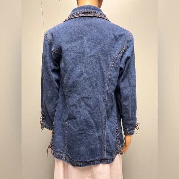 Vintage Lighthouse Jean Jacket Leather Lace up on arms sides pockets and neck. - Picture 5 of 16